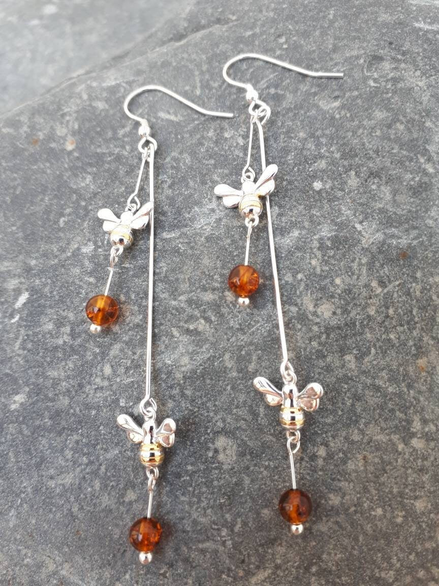 925 Sterling Silver Double Bumble Bee & Baltic Amber Earrings. - JOANNE MASSEY ARTISAN JEWELLERY