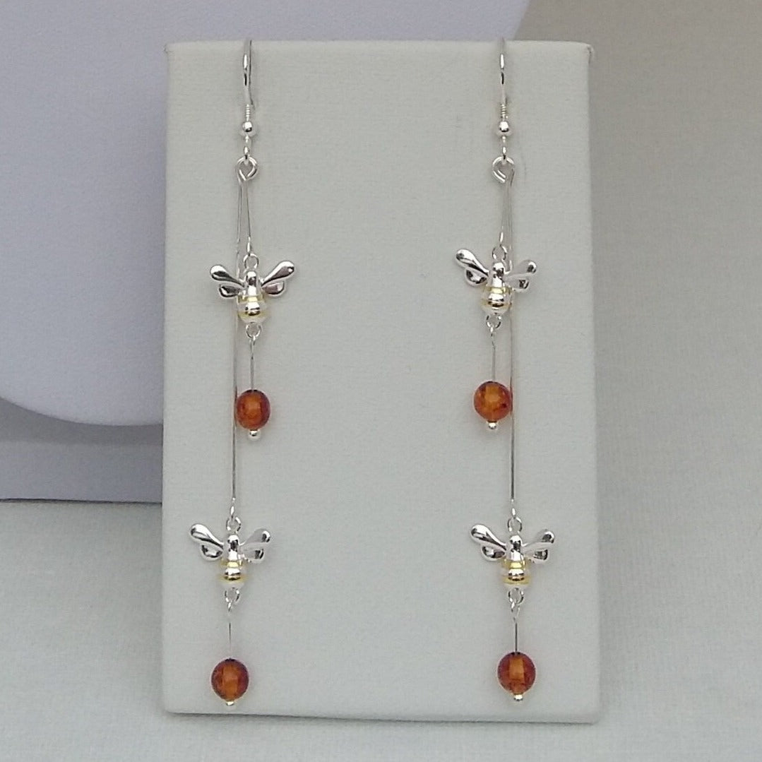 925 Sterling Silver Double Bumble Bee & Baltic Amber Earrings. - JOANNE MASSEY ARTISAN JEWELLERY