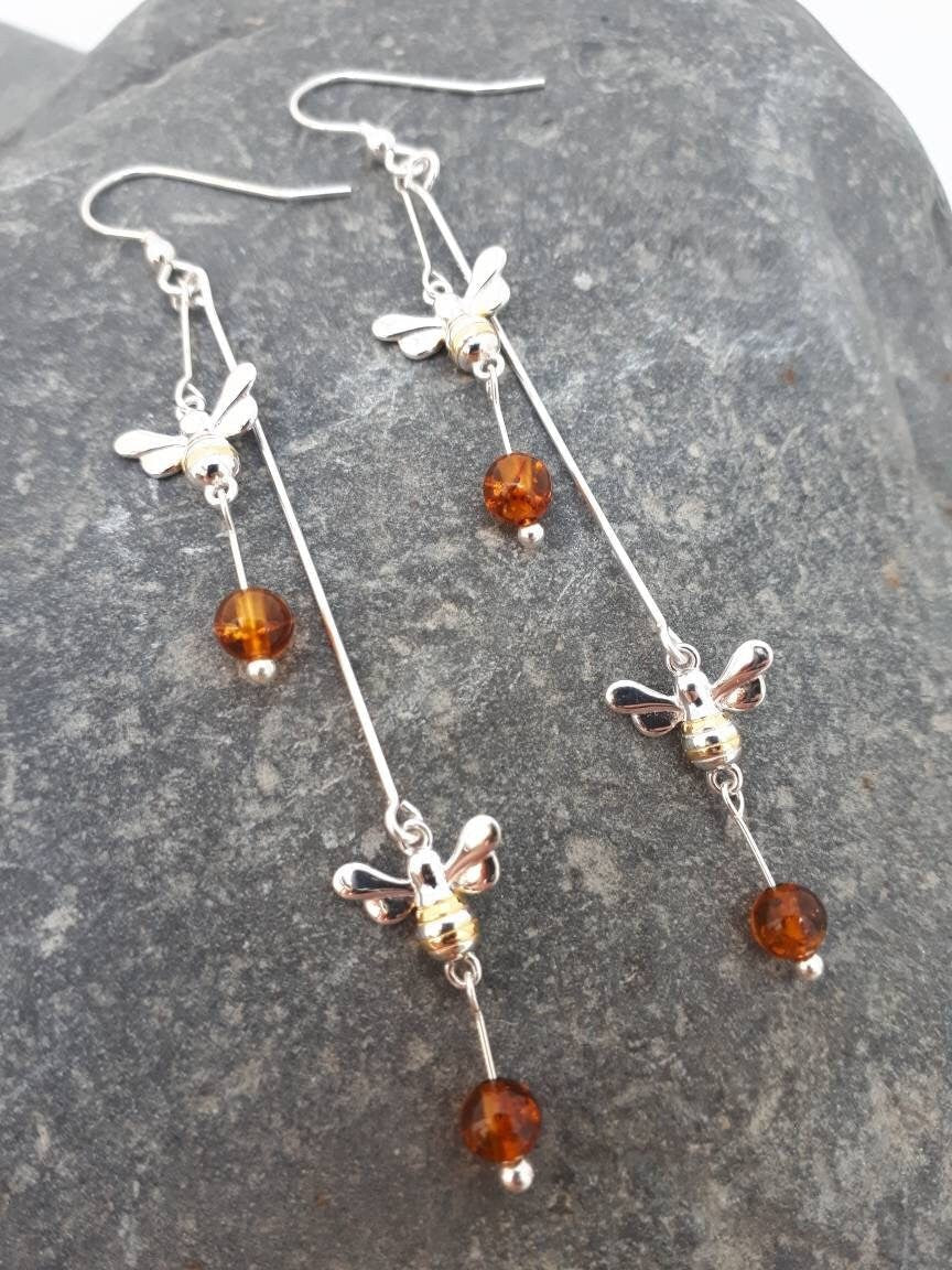 925 Sterling Silver Double Bumble Bee & Baltic Amber Earrings. - JOANNE MASSEY ARTISAN JEWELLERY