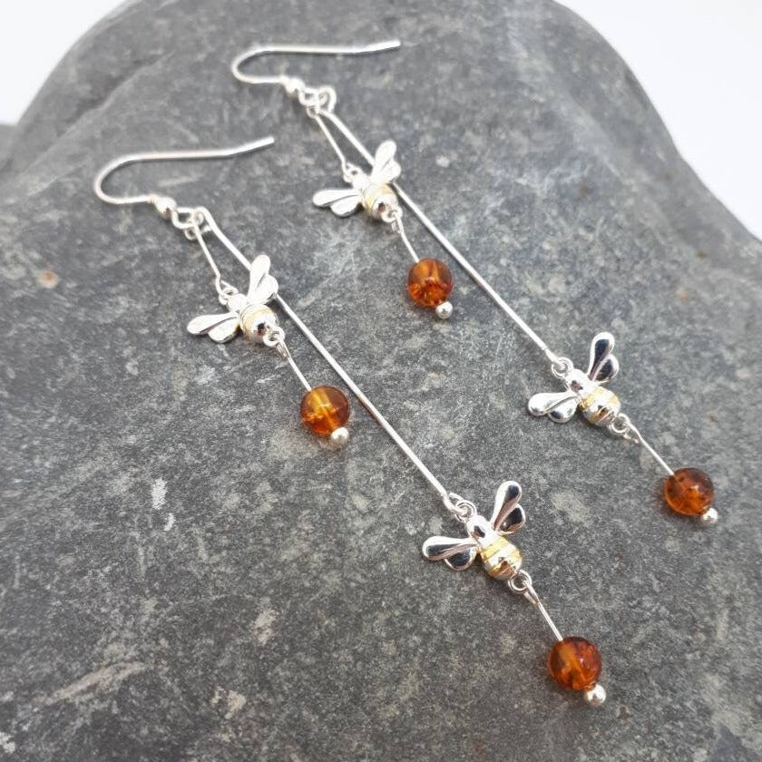 925 Sterling Silver Double Bumble Bee & Baltic Amber Earrings. - JOANNE MASSEY ARTISAN JEWELLERY