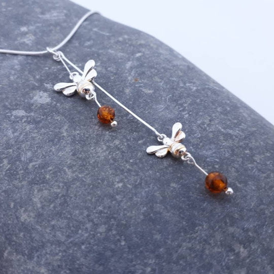 925 Sterling Silver Double Bumble Bee & Baltic Amber Necklace. - JOANNE MASSEY ARTISAN JEWELLERY