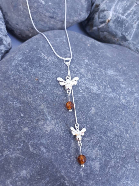 925 Sterling Silver Double Bumble Bee & Baltic Amber Necklace. - JOANNE MASSEY ARTISAN JEWELLERY