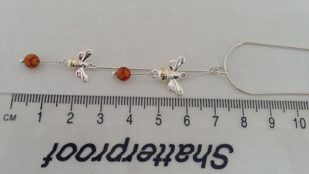 925 Sterling Silver Double Bumble Bee & Baltic Amber Necklace. - JOANNE MASSEY ARTISAN JEWELLERY