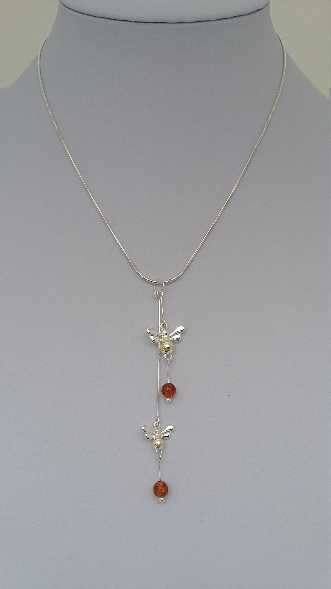 925 Sterling Silver Double Bumble Bee & Baltic Amber Necklace. - JOANNE MASSEY ARTISAN JEWELLERY