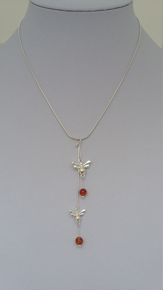 925 Sterling Silver Double Bumble Bee & Baltic Amber Necklace. - JOANNE MASSEY ARTISAN JEWELLERY