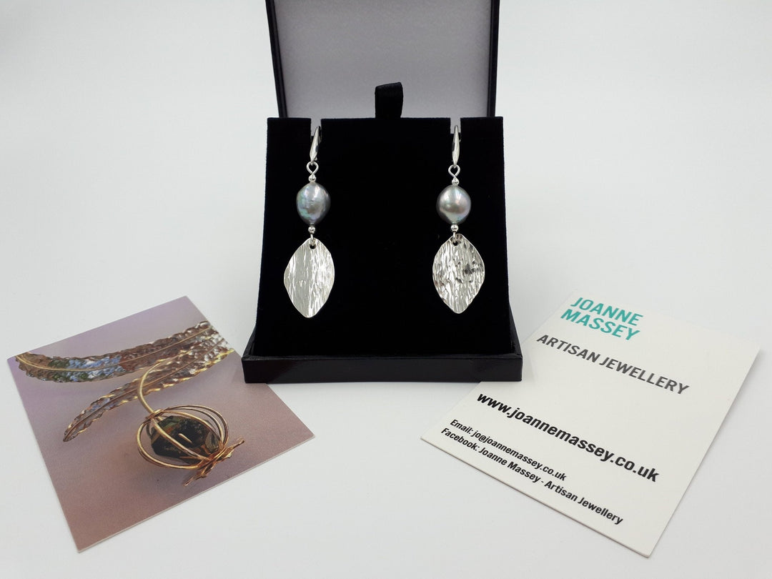 925 Sterling Silver Grey Baroque Pearl & Hammered Leaf Earrings. - JOANNE MASSEY ARTISAN JEWELLERY