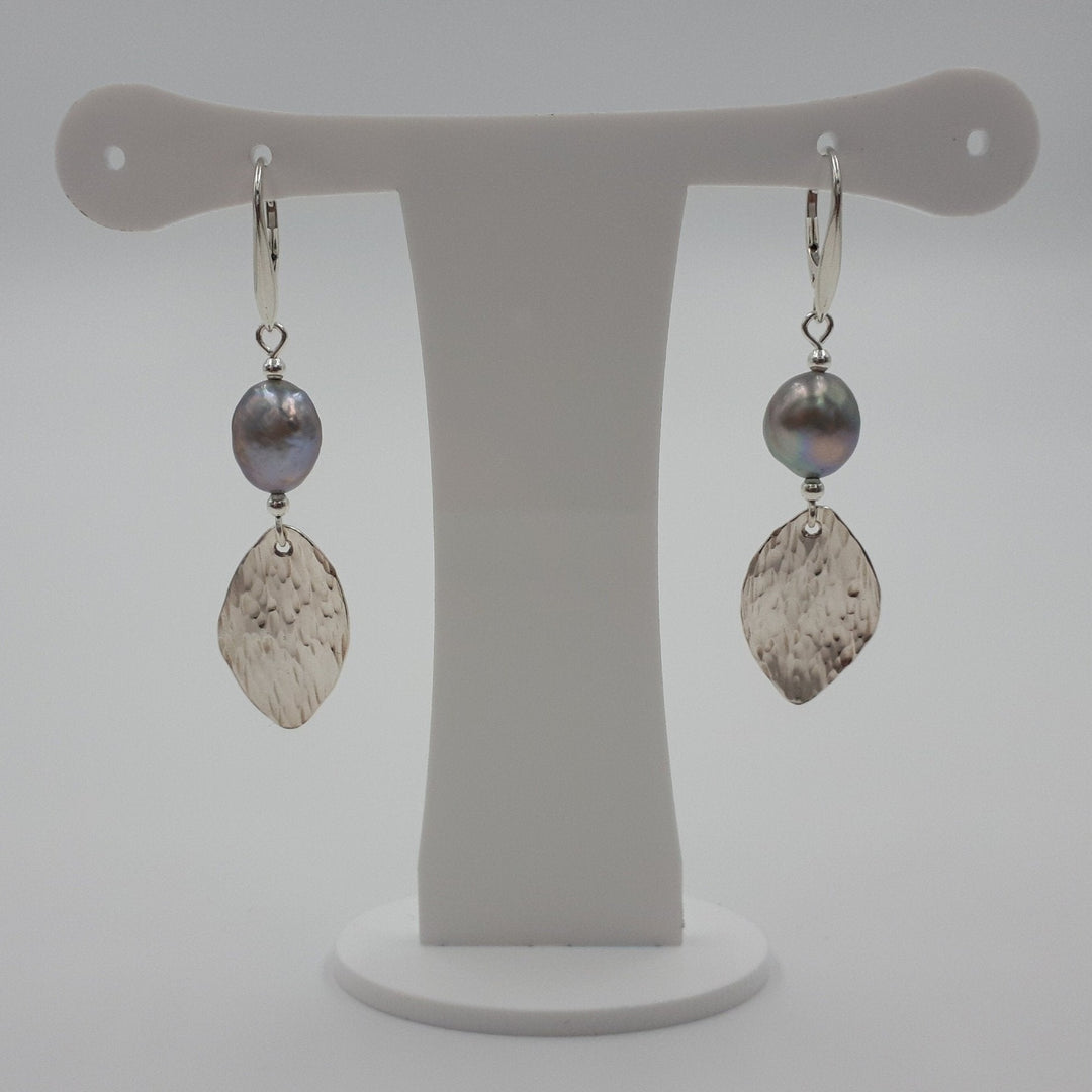 925 Sterling Silver Grey Baroque Pearl & Hammered Leaf Earrings. - JOANNE MASSEY ARTISAN JEWELLERY