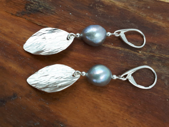 925 Sterling Silver Grey Baroque Pearl & Hammered Leaf Earrings. - JOANNE MASSEY ARTISAN JEWELLERY