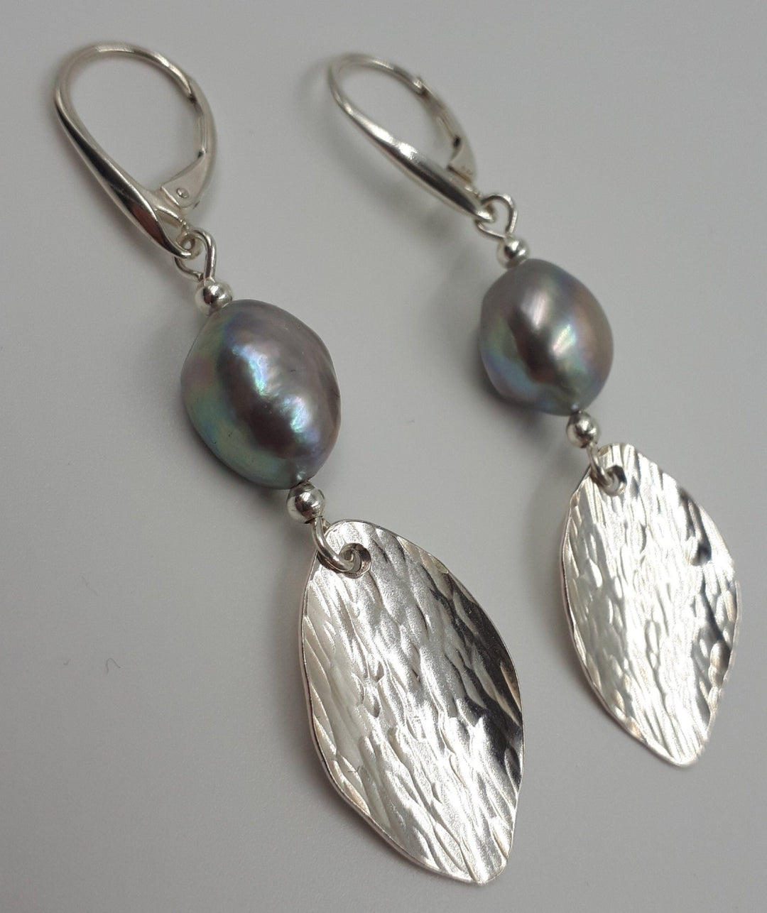 925 Sterling Silver Grey Baroque Pearl & Hammered Leaf Earrings. - JOANNE MASSEY ARTISAN JEWELLERY