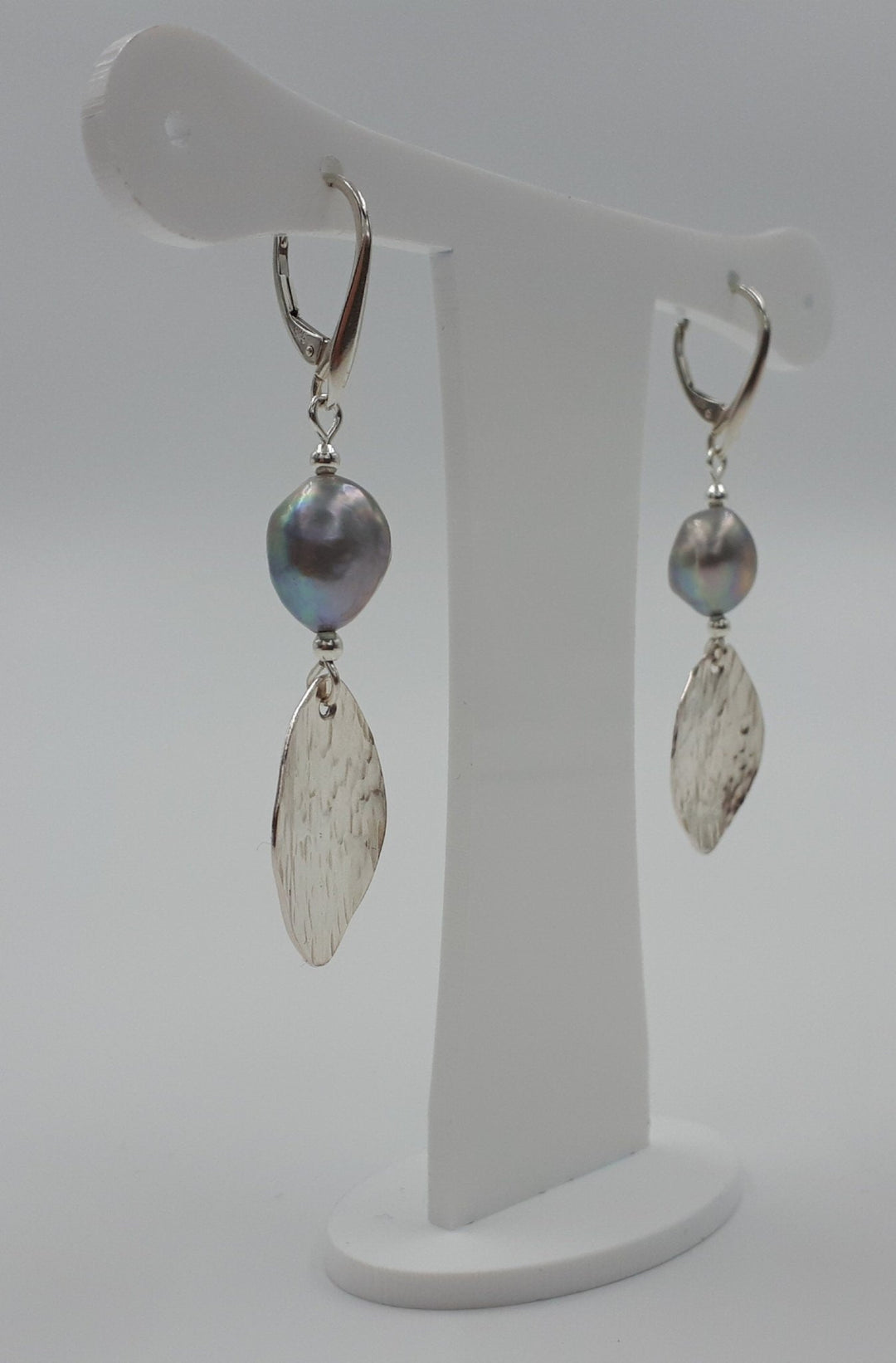 925 Sterling Silver Grey Baroque Pearl & Hammered Leaf Earrings. - JOANNE MASSEY ARTISAN JEWELLERY