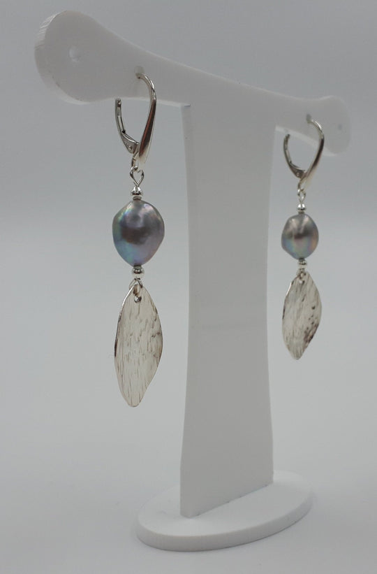 925 Sterling Silver Grey Baroque Pearl & Hammered Leaf Earrings. - JOANNE MASSEY ARTISAN JEWELLERY