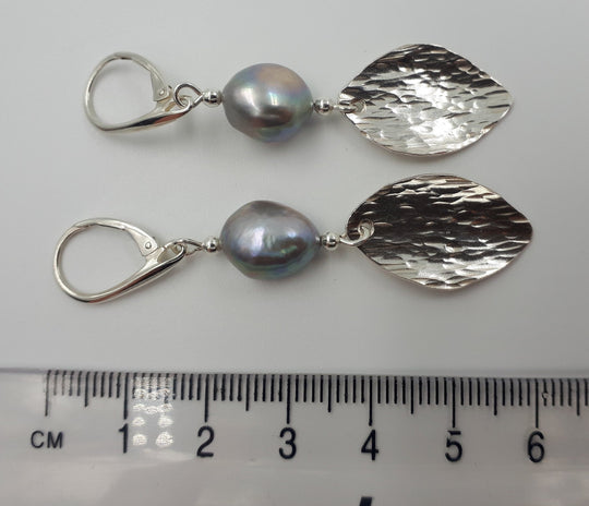 925 Sterling Silver Grey Baroque Pearl & Hammered Leaf Earrings. - JOANNE MASSEY ARTISAN JEWELLERY