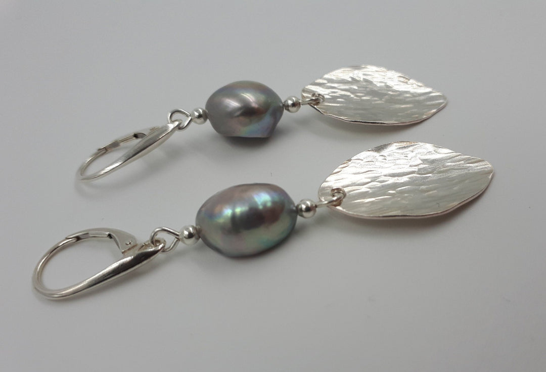 925 Sterling Silver Grey Baroque Pearl & Hammered Leaf Earrings. - JOANNE MASSEY ARTISAN JEWELLERY