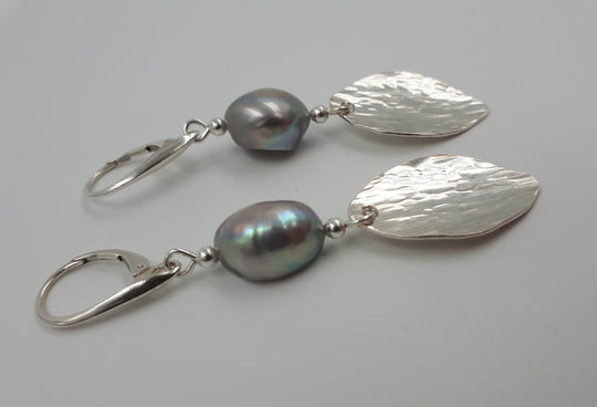 925 Sterling Silver Grey Baroque Pearl & Hammered Leaf Earrings. - JOANNE MASSEY ARTISAN JEWELLERY