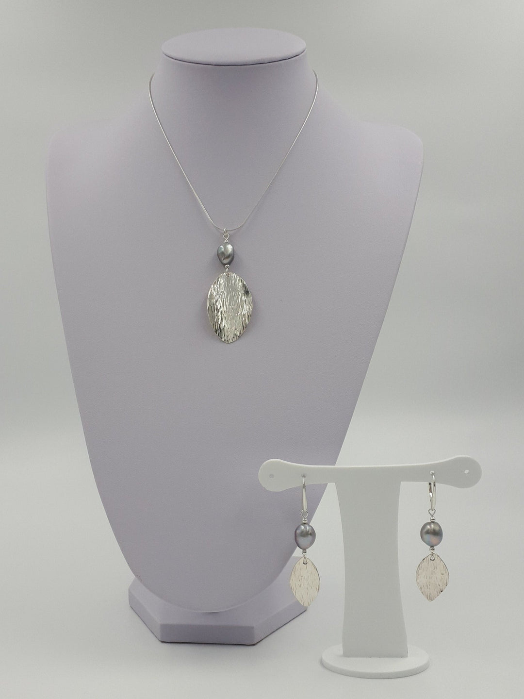 925 Sterling Silver Grey Baroque Pearl & Hammered Leaf Earrings. - JOANNE MASSEY ARTISAN JEWELLERY