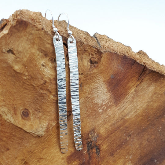 925 Sterling Silver Hammered Bark Texture Long Drop Earrings. - JOANNE MASSEY ARTISAN JEWELLERY