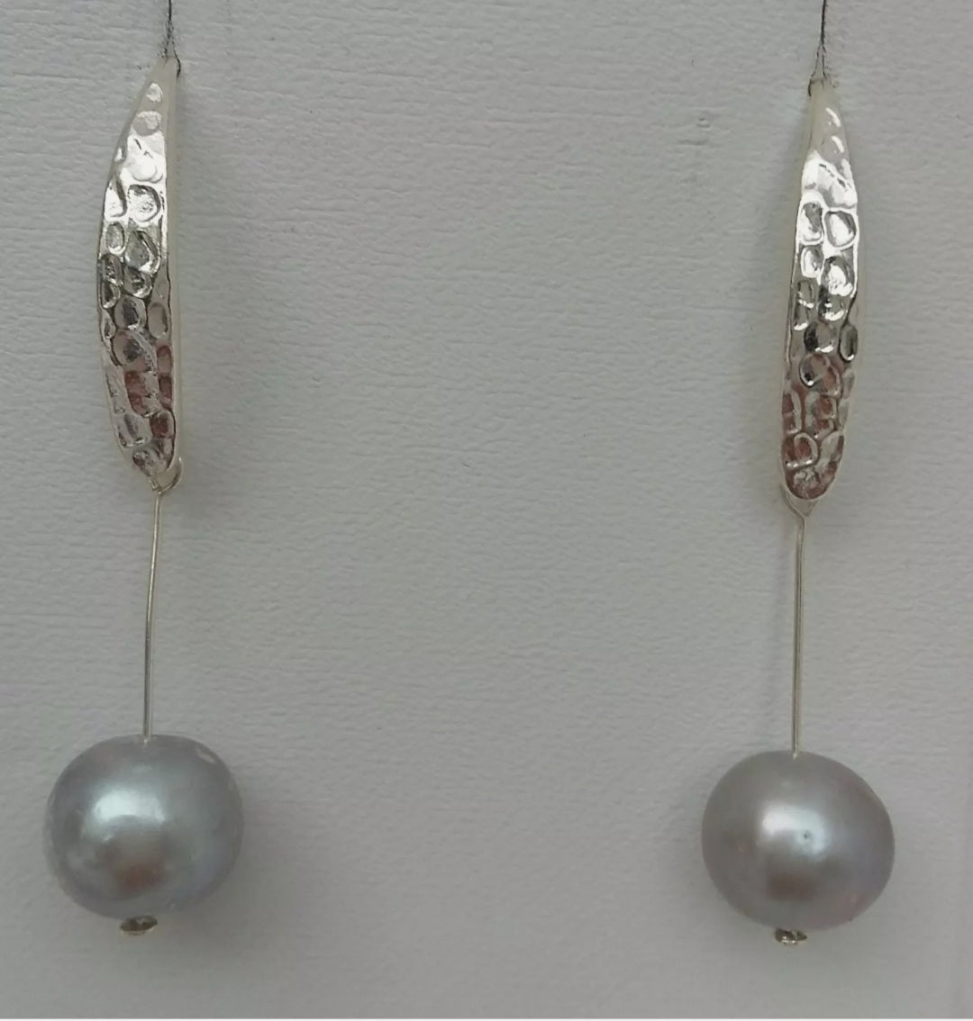 925 Sterling Silver Hammered Effect Pearl Earrings - JOANNE MASSEY ARTISAN JEWELLERY