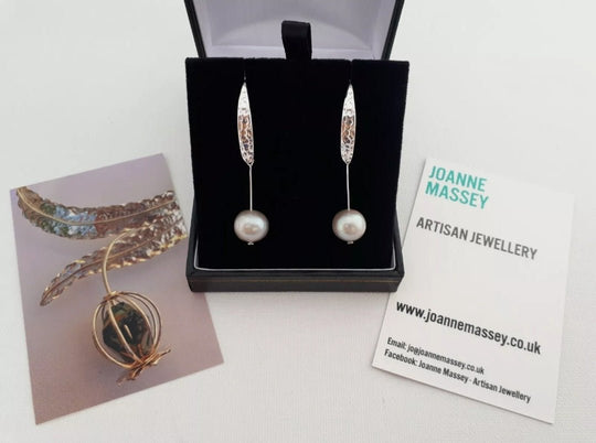 925 Sterling Silver Hammered Effect Pearl Earrings - JOANNE MASSEY ARTISAN JEWELLERY