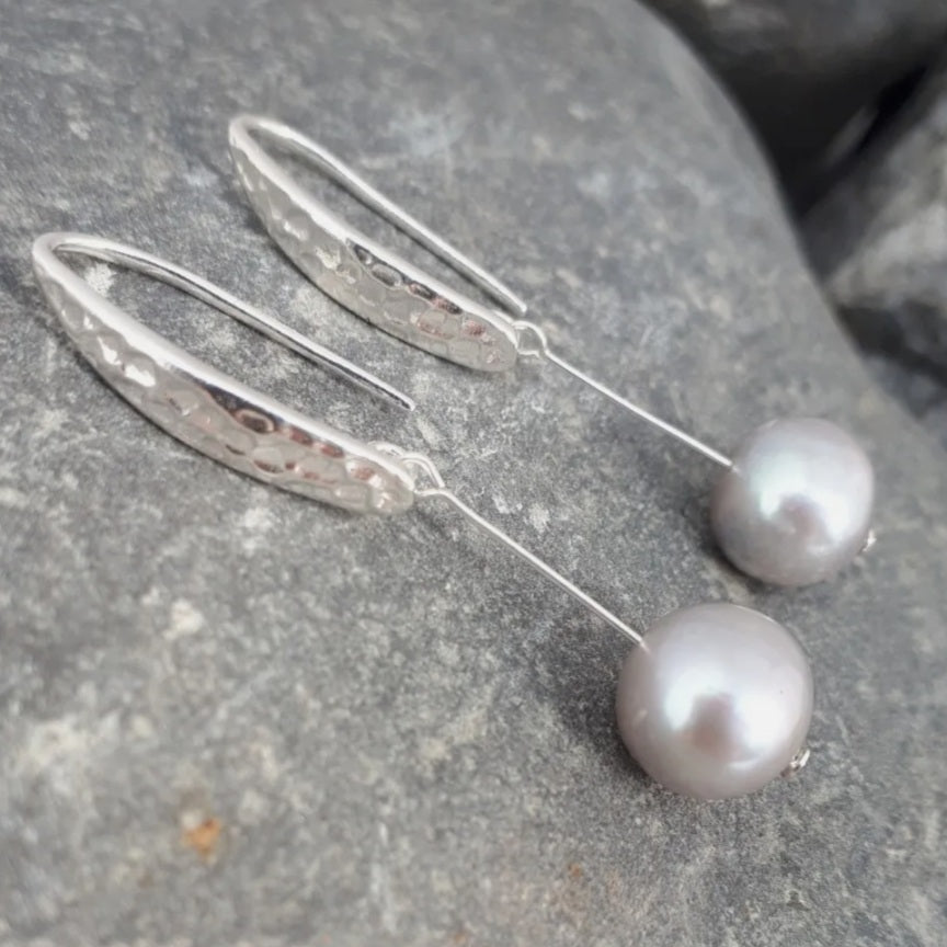 925 Sterling Silver Hammered Effect Pearl Earrings - JOANNE MASSEY ARTISAN JEWELLERY