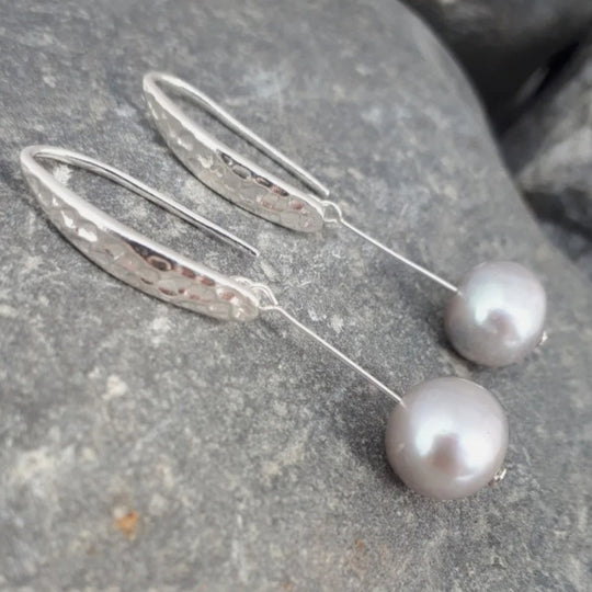 925 Sterling Silver Hammered Effect Pearl Earrings - JOANNE MASSEY ARTISAN JEWELLERY