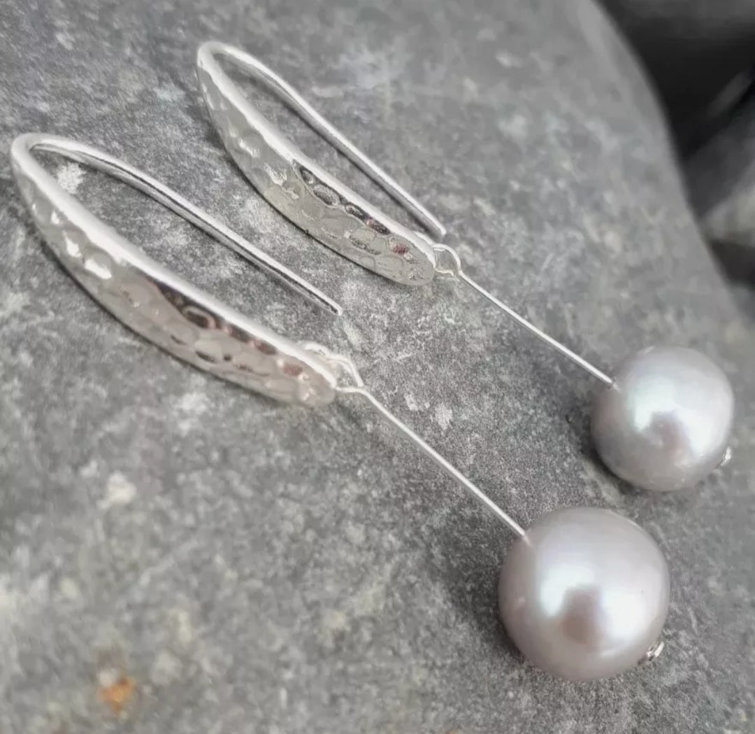 925 Sterling Silver Hammered Effect Pearl Earrings - JOANNE MASSEY ARTISAN JEWELLERY