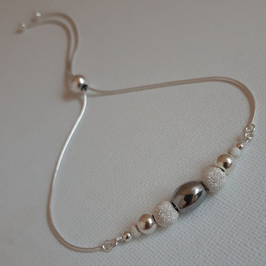 925 Sterling Silver Hematite & Stardust Bead Slider Bracelet. - JOANNE MASSEY ARTISAN JEWELLERY