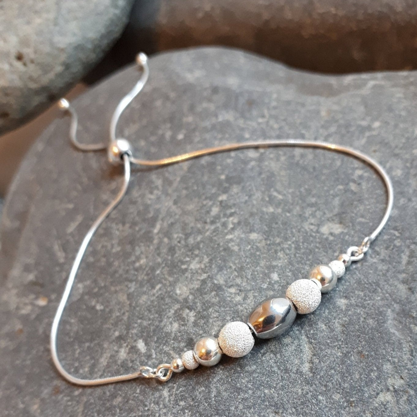 925 Sterling Silver Hematite & Stardust Bead Slider Bracelet. - JOANNE MASSEY ARTISAN JEWELLERY