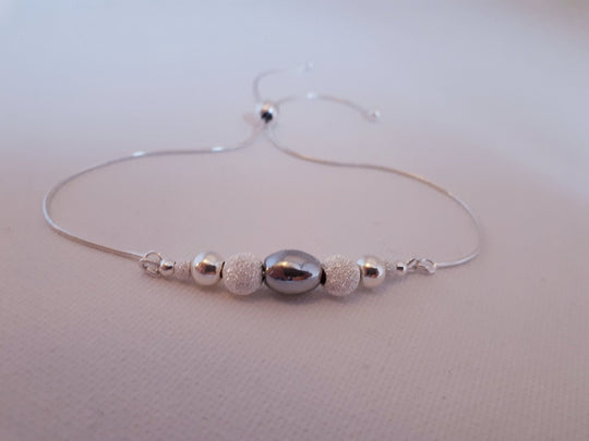 925 Sterling Silver Hematite & Stardust Bead Slider Bracelet. - JOANNE MASSEY ARTISAN JEWELLERY