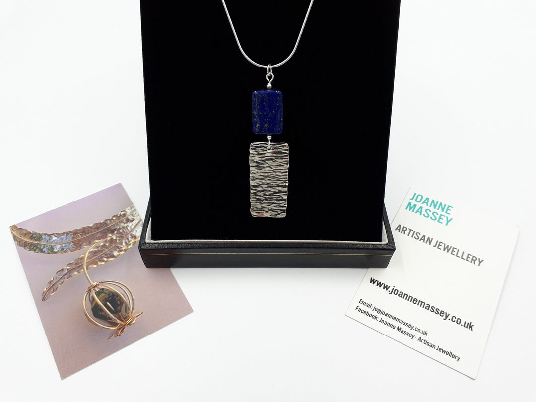 925 Sterling Silver Lapis Lazuli & Hammered Rectangle Necklace - JOANNE MASSEY ARTISAN JEWELLERY