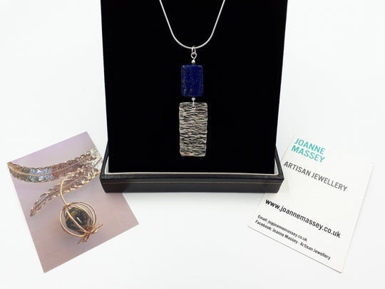 925 Sterling Silver Lapis Lazuli & Hammered Rectangle Necklace - JOANNE MASSEY ARTISAN JEWELLERY