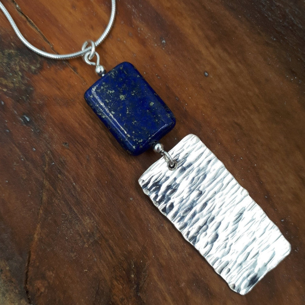 925 Sterling Silver Lapis Lazuli & Hammered Rectangle Necklace - JOANNE MASSEY ARTISAN JEWELLERY