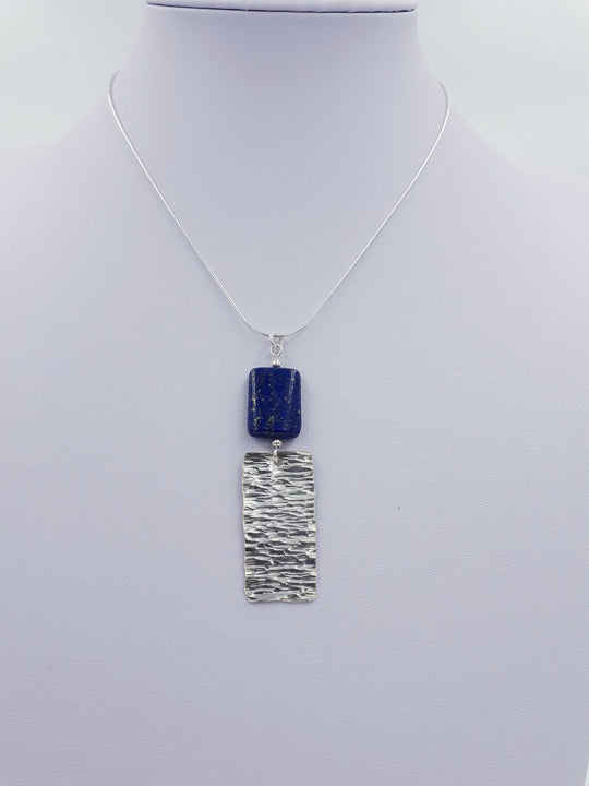 925 Sterling Silver Lapis Lazuli & Hammered Rectangle Necklace - JOANNE MASSEY ARTISAN JEWELLERY