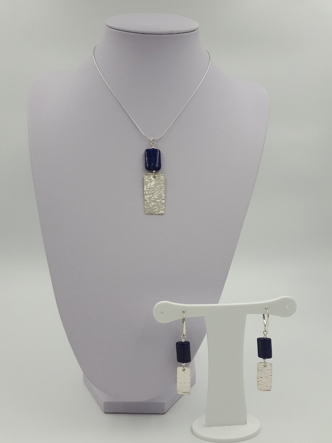 925 Sterling Silver Lapis Lazuli & Hammered Rectangle Necklace - JOANNE MASSEY ARTISAN JEWELLERY