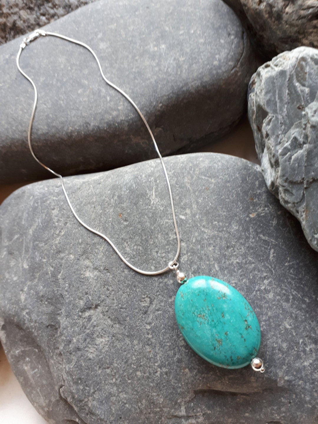 925 Sterling Silver Large Blue Magnesite Oval Necklace. - JOANNE MASSEY ARTISAN JEWELLERY