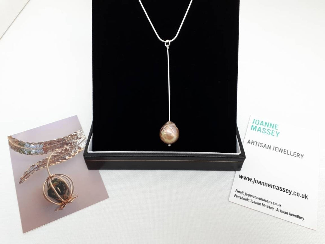 925 Sterling Silver Large Cultured Pearl Long Drop Pendant. - JOANNE MASSEY ARTISAN JEWELLERY