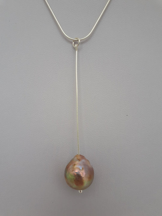 925 Sterling Silver Large Cultured Pearl Long Drop Pendant. - JOANNE MASSEY ARTISAN JEWELLERY