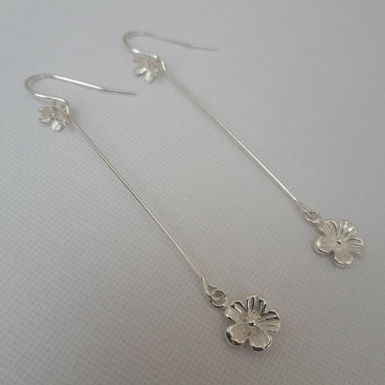 925 Sterling Silver Long Drop Flower Earrings. - JOANNE MASSEY ARTISAN JEWELLERY