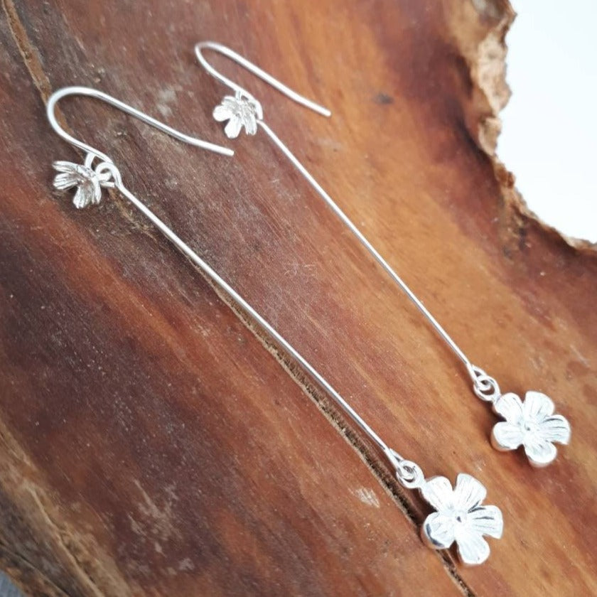 925 Sterling Silver Long Drop Flower Earrings. - JOANNE MASSEY ARTISAN JEWELLERY