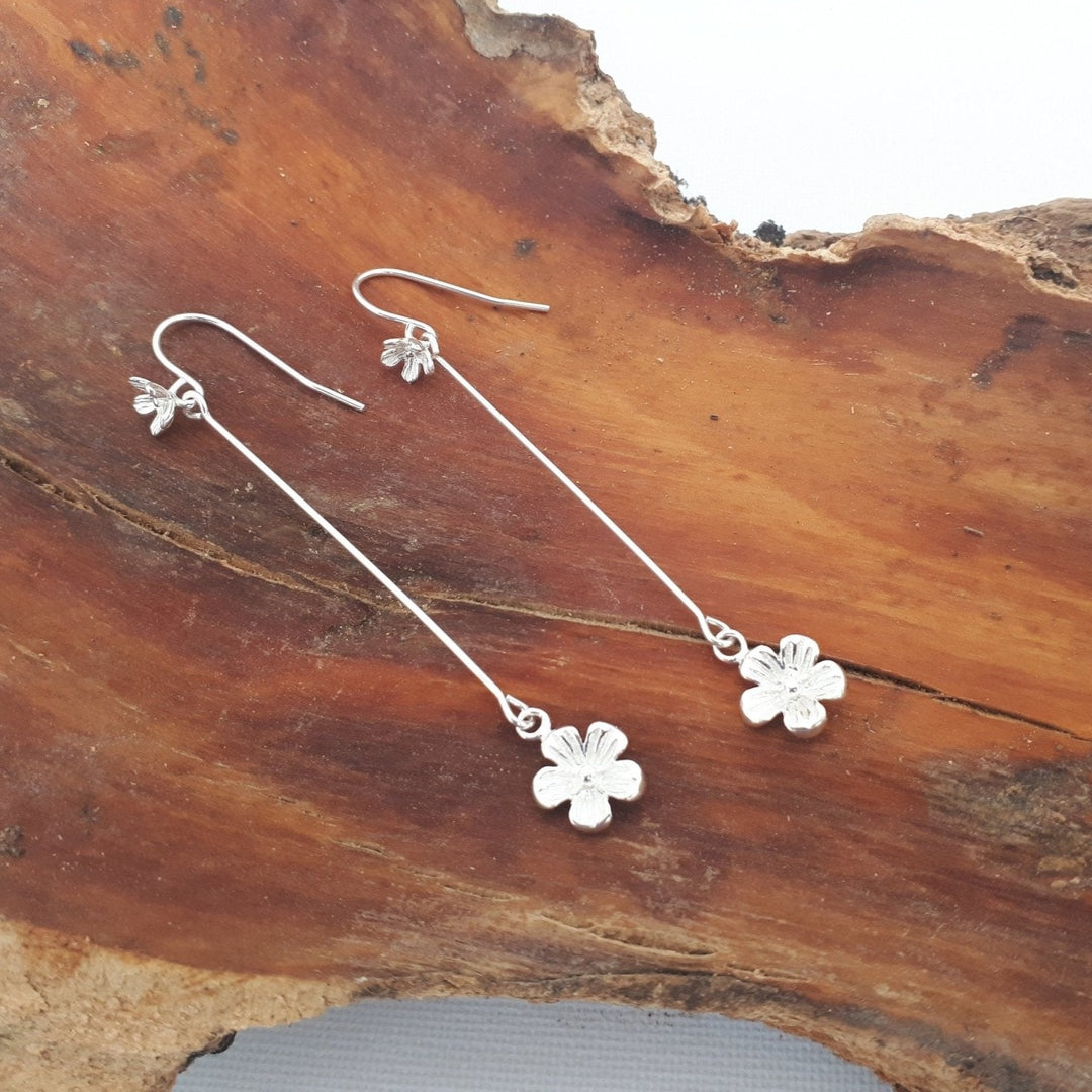 925 Sterling Silver Long Drop Flower Earrings. - JOANNE MASSEY ARTISAN JEWELLERY