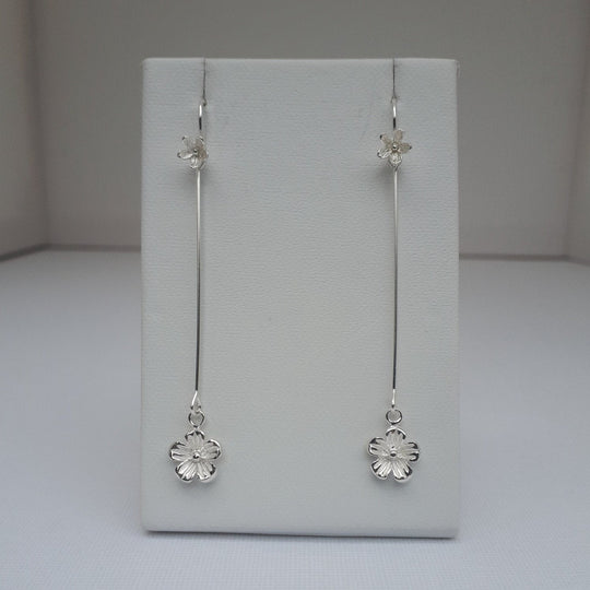 925 Sterling Silver Long Drop Flower Earrings. - JOANNE MASSEY ARTISAN JEWELLERY