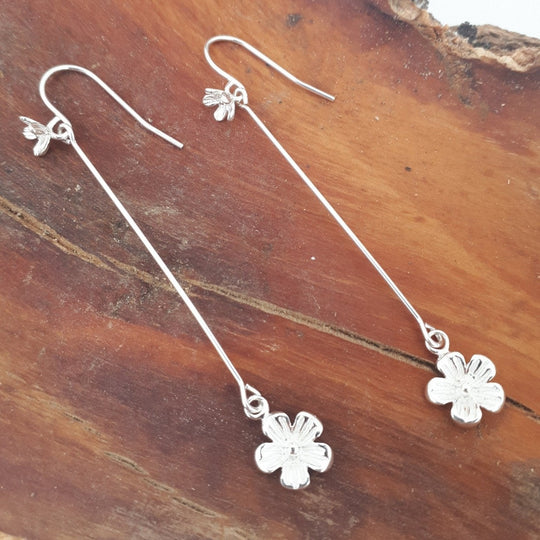 925 Sterling Silver Long Drop Flower Earrings. - JOANNE MASSEY ARTISAN JEWELLERY