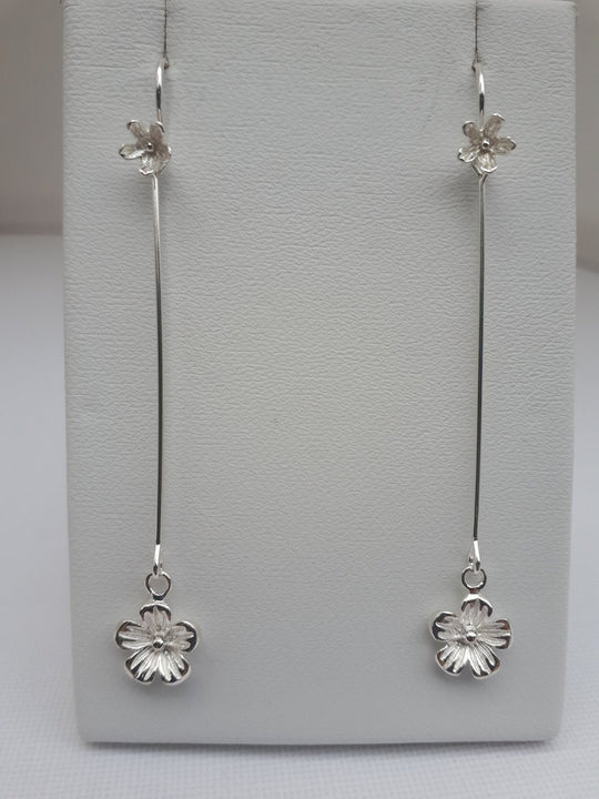 925 Sterling Silver Long Drop Flower Earrings. - JOANNE MASSEY ARTISAN JEWELLERY