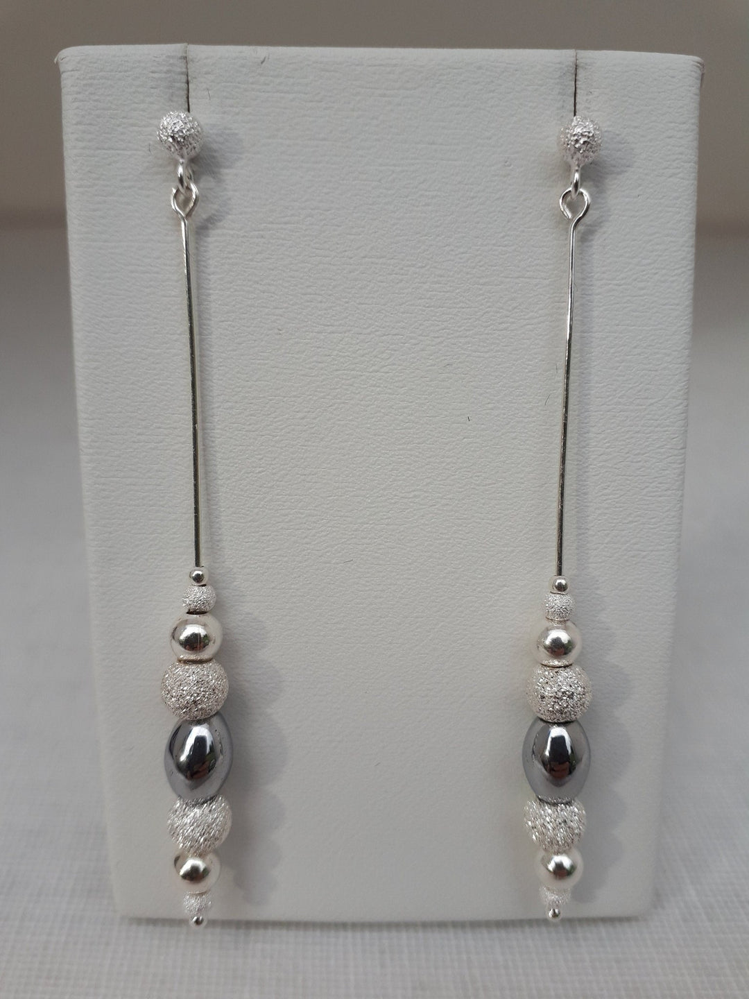 925 Sterling Silver Long Drop Hematite & Stardust Bead Earrings. - JOANNE MASSEY ARTISAN JEWELLERY