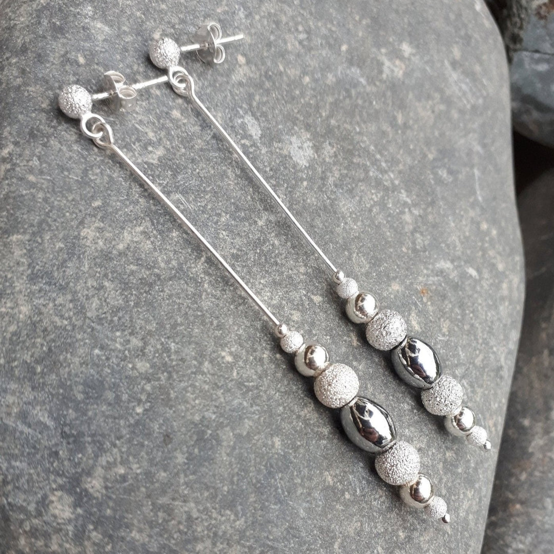 925 Sterling Silver Long Drop Hematite & Stardust Bead Earrings. - JOANNE MASSEY ARTISAN JEWELLERY