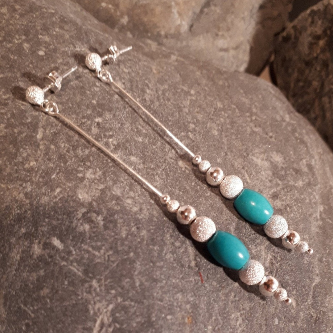 925 Sterling Silver Long Drop Turquoise & Stardust Bead Earrings. - JOANNE MASSEY ARTISAN JEWELLERY