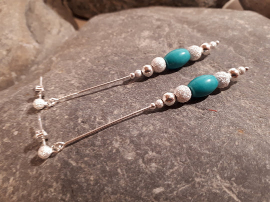 925 Sterling Silver Long Drop Turquoise & Stardust Bead Earrings. - JOANNE MASSEY ARTISAN JEWELLERY