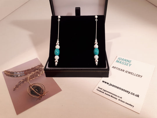 925 Sterling Silver Long Drop Turquoise & Stardust Bead Earrings. - JOANNE MASSEY ARTISAN JEWELLERY