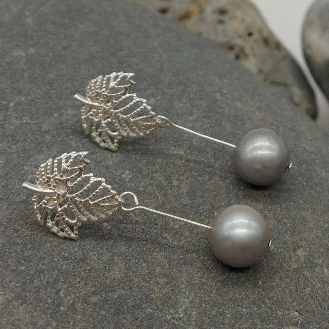 925 Sterling Silver Open Work Maple Leaf Pearl Earrings - JOANNE MASSEY ARTISAN JEWELLERY