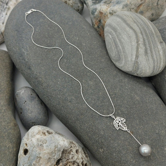 925 Sterling Silver Open Work Maple Leaf Pearl Necklace - JOANNE MASSEY ARTISAN JEWELLERY