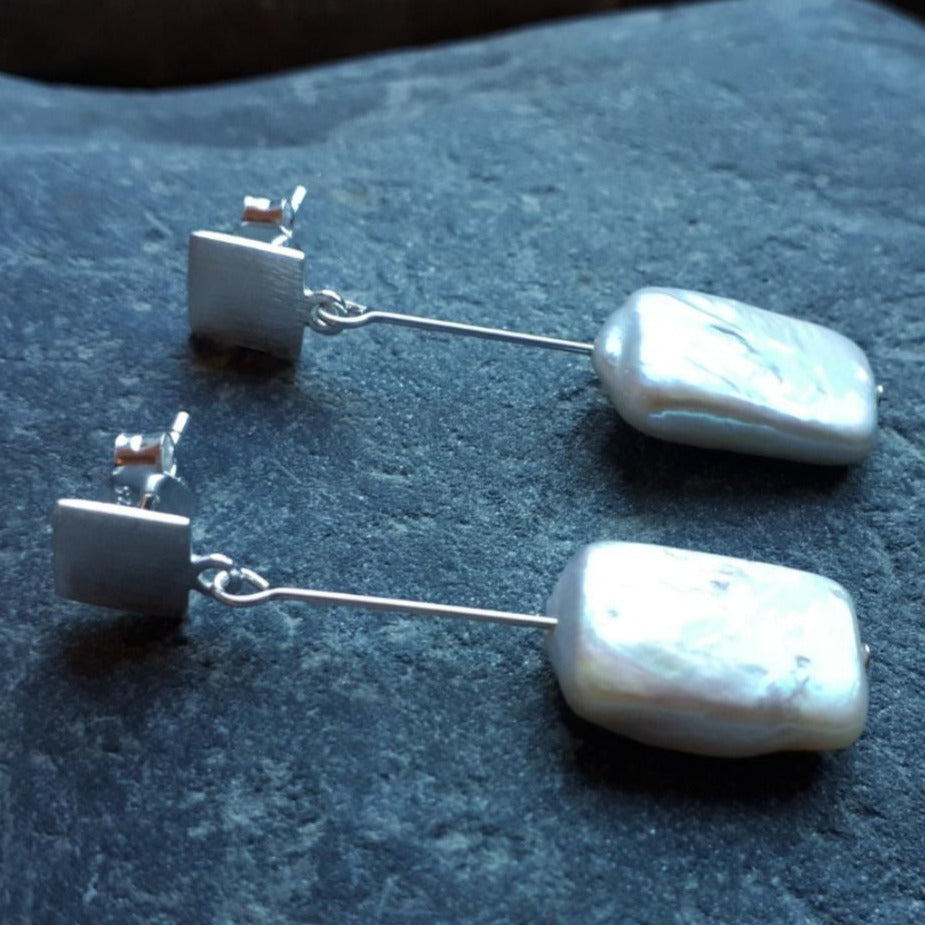 925 Sterling Silver Pearl Rectangle Earrings - JOANNE MASSEY ARTISAN JEWELLERY